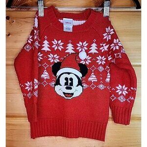 Disney Christmas Size 2T Mickey Mouse Red Knit Sweater Unisex Snowflakes, Trees